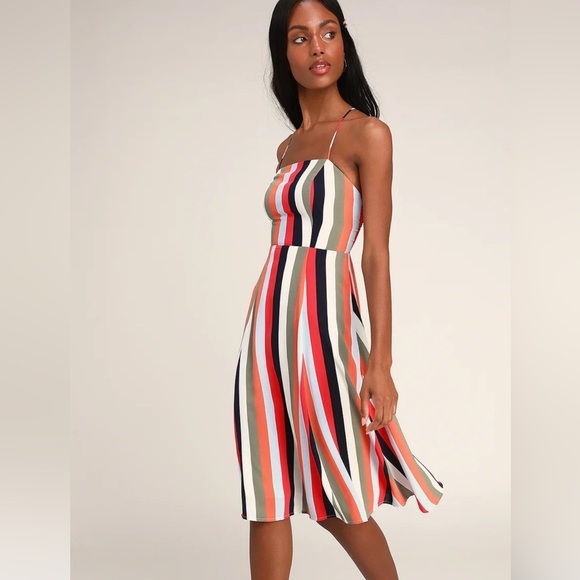 Lulus Below-the-knee striped dress with spaghetti straps and a tie back S NWOT - Picture 2 of 9